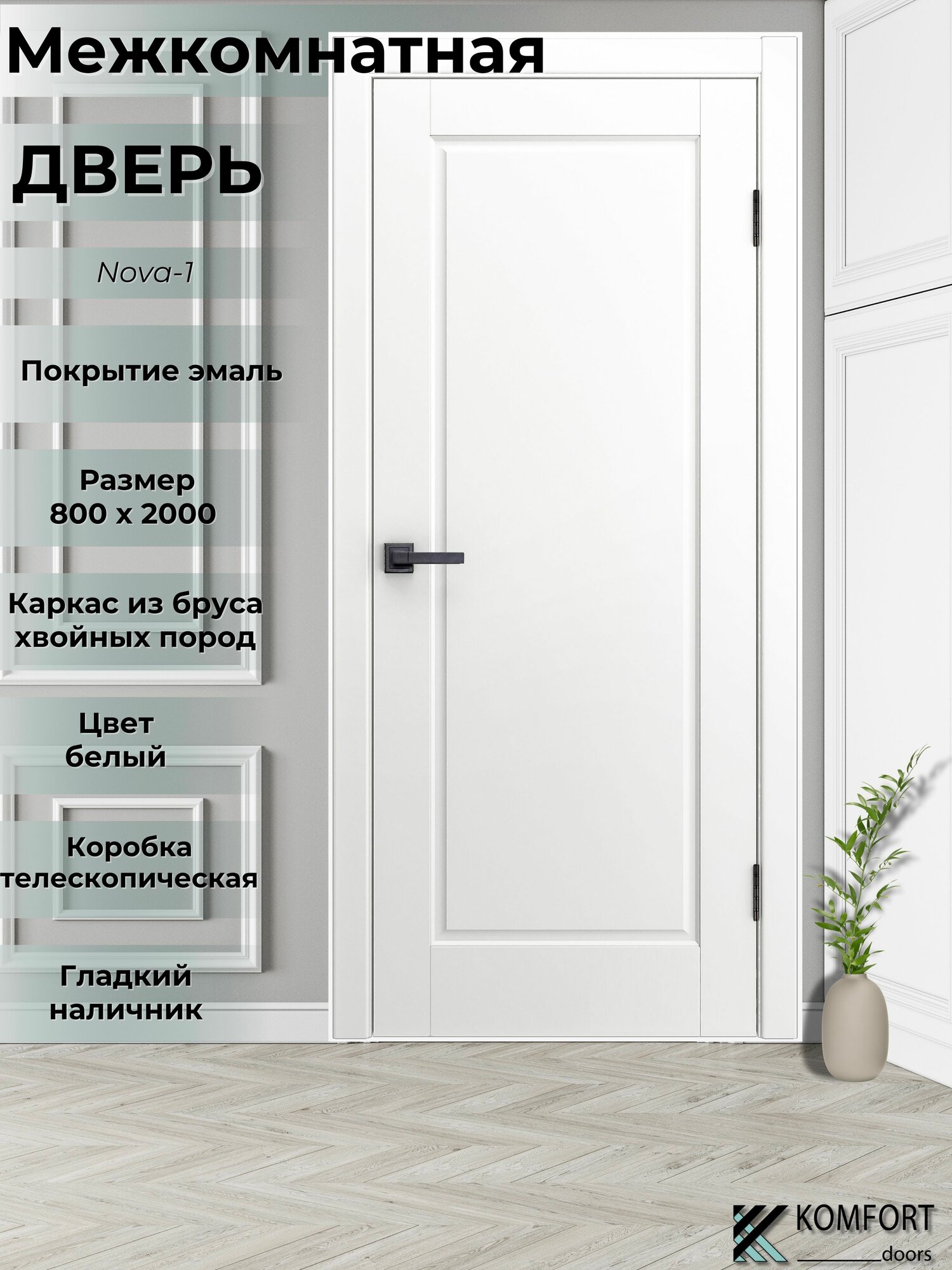 Дверь межкомнатная комплект с коробкой и наличниками Nova 1 без стекла, белый, 800х2000мм