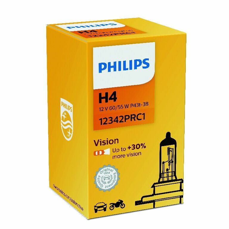 Автолампа Philips Vision H4 (60/55W 12V) +30%, 1шт. 12342PRC1