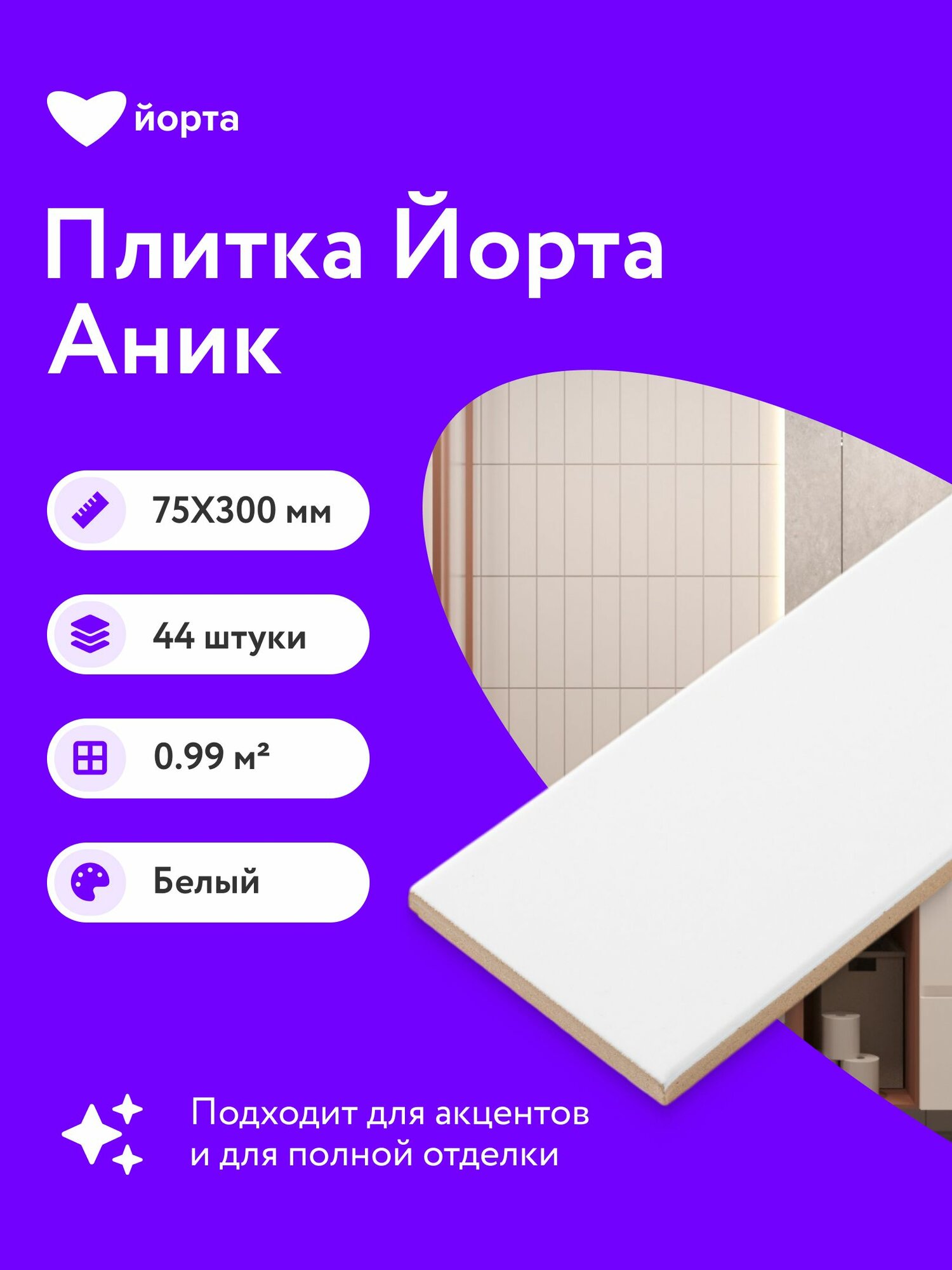 Плитка керамическая 44 шт глянцевая 30х7,5 см мелкоформатная Йорта Аник белый