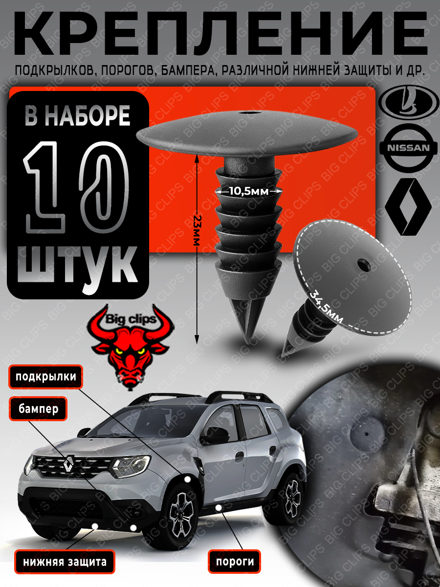 Клипсы автомобильные, ежик для подкрылков брызговиков на Рено Duster Fluence Logan Sandero , Лада XRay Nissan Almera