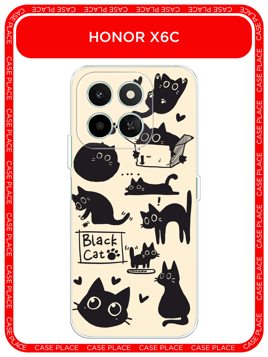 Чехол на Honor X6c / Хонор X6c с принтом Чёрный котик рисунки