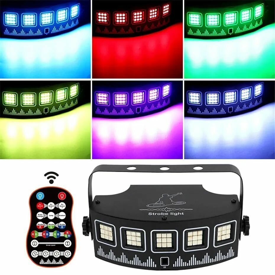 Стробоскоп светодиодный Disco LED Strobe, RGB, 10 ламп, с пультом, 2 режима, 220В, черный