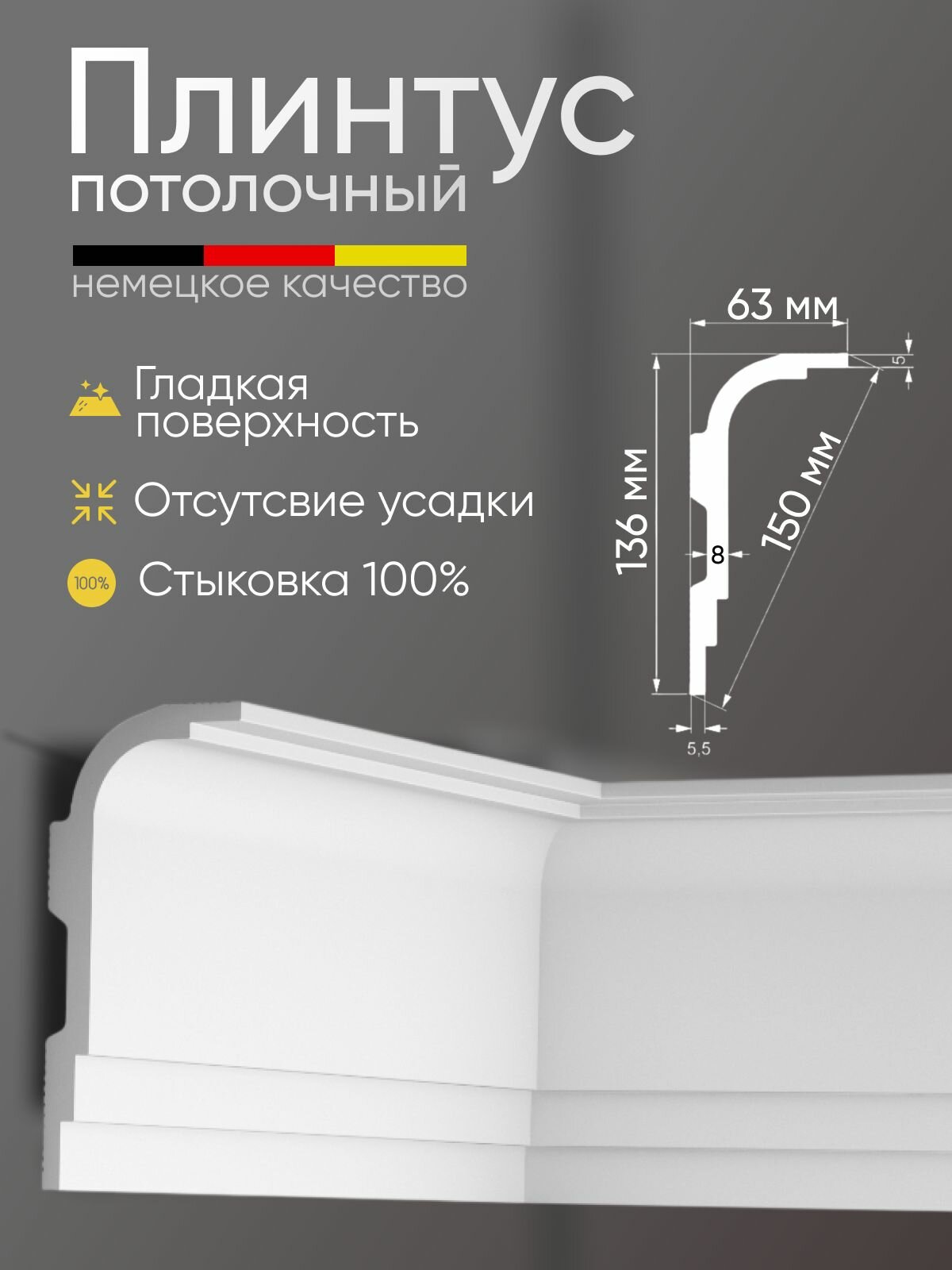 Плинтус потолочный 4 шт GLANZEPOL 200 см пенополистирол белый GP140
