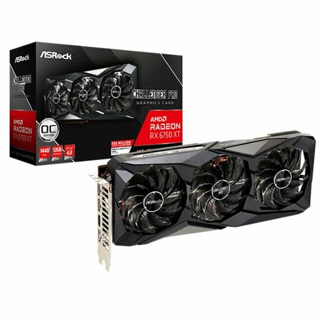 Видеокарта ASROCK Radeon RX 6750 XT Challenger Pro 12G OC (RX6750XT CLP 12GO) - PCI-E 4.0 x16, 12 ГБ, GDDR6, 192 бит, DisplayPort, HDMI, GPU 2235 МГц