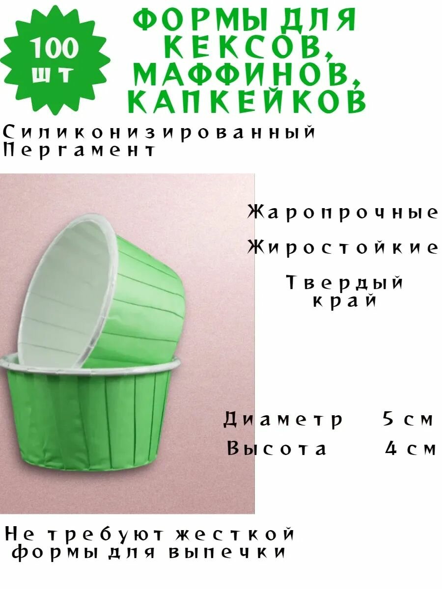 Бумажные формы для кексов, капкейков, маффинов, 100 шт (зелёный)
