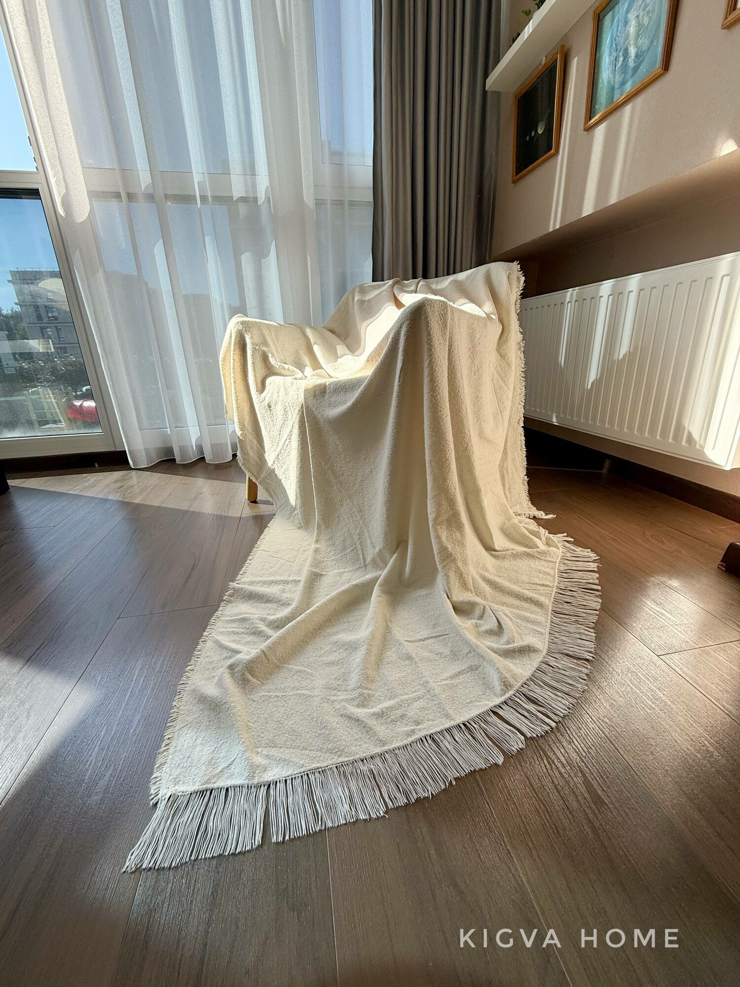 Плед-покрывало белый -MUSCARI- с бахромой 150*200 Индия