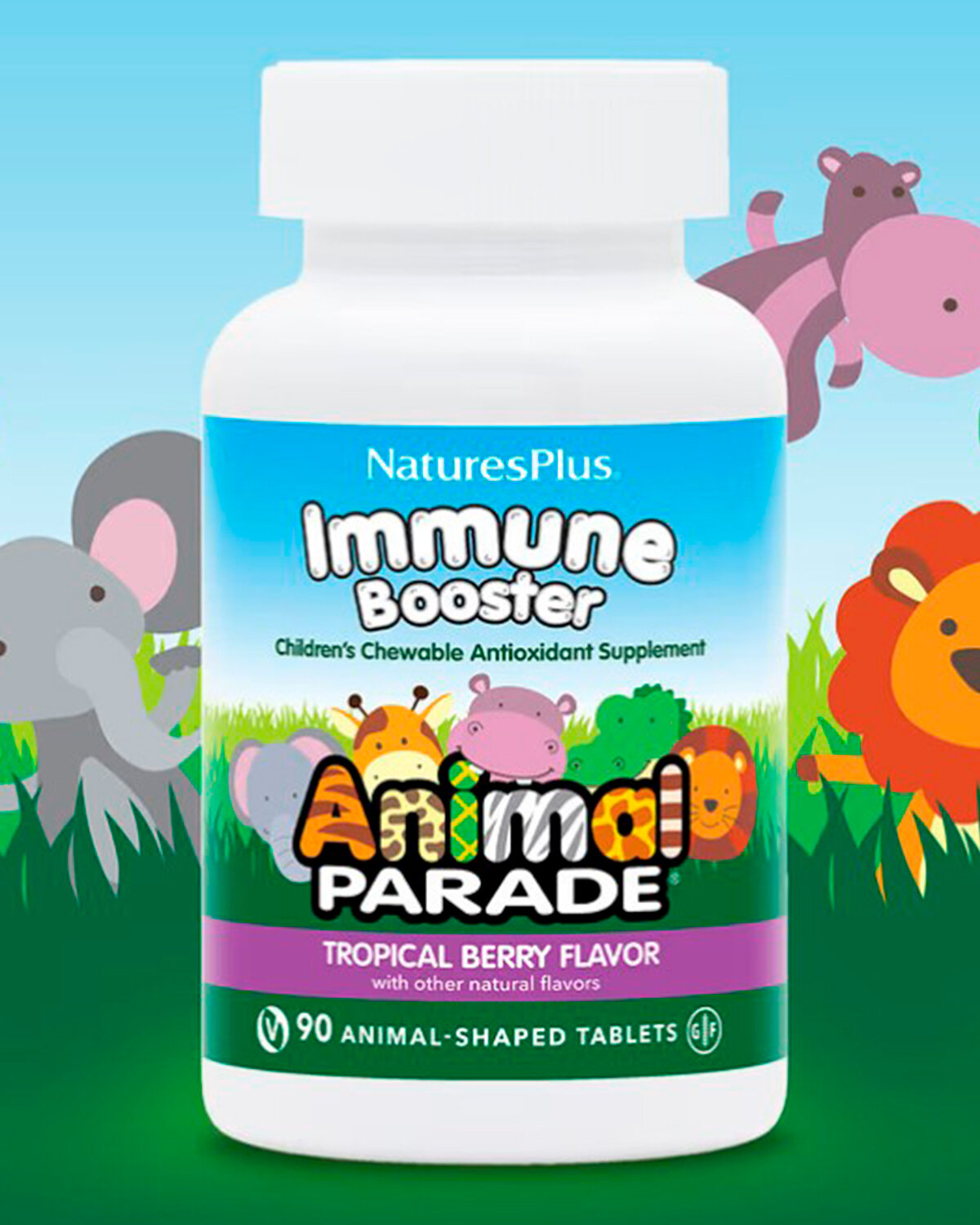 NaturesPlus, Animal Parade, добавка для укрепления детского иммунитета, вкус натуральных тропических ягод, 90 животных