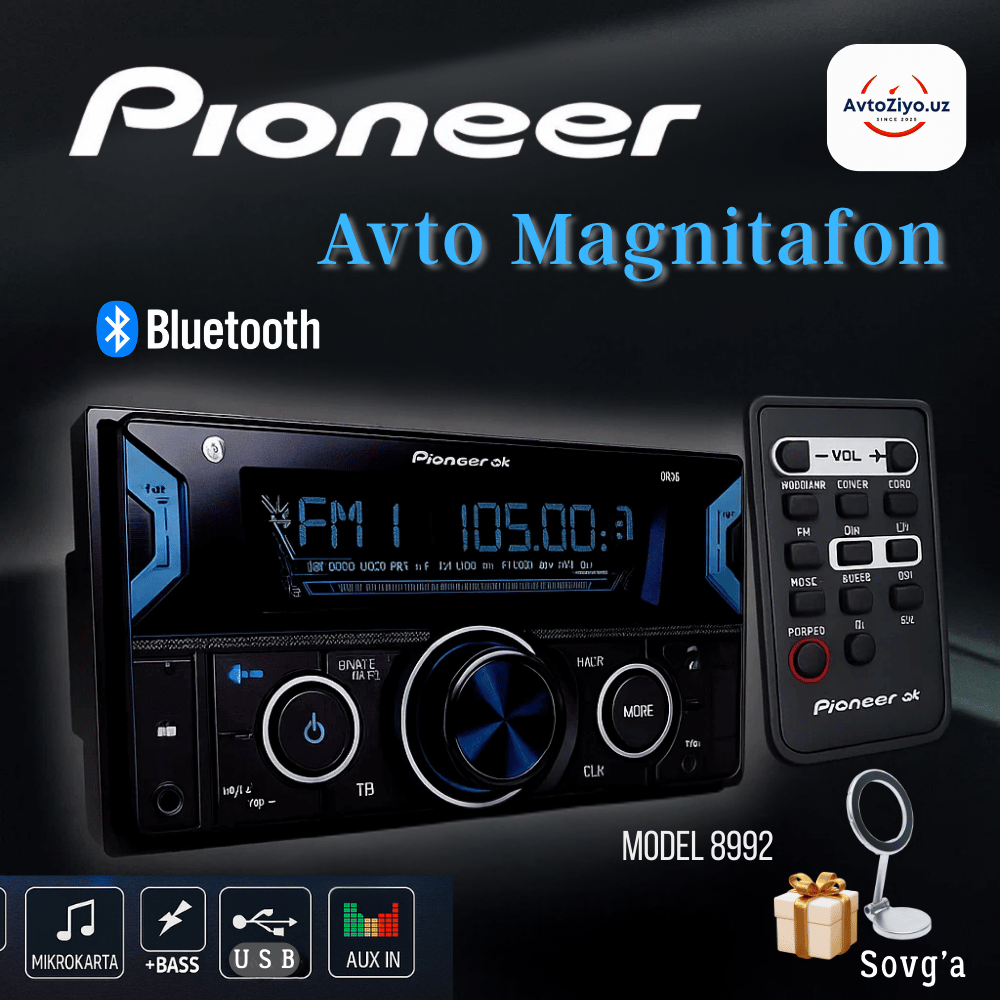Автомагнитола Pioneer 8992, 2DIN, CarPlay, Bluetooth, AUX, 2xUSB, с пультом, многоцветная подсветка
