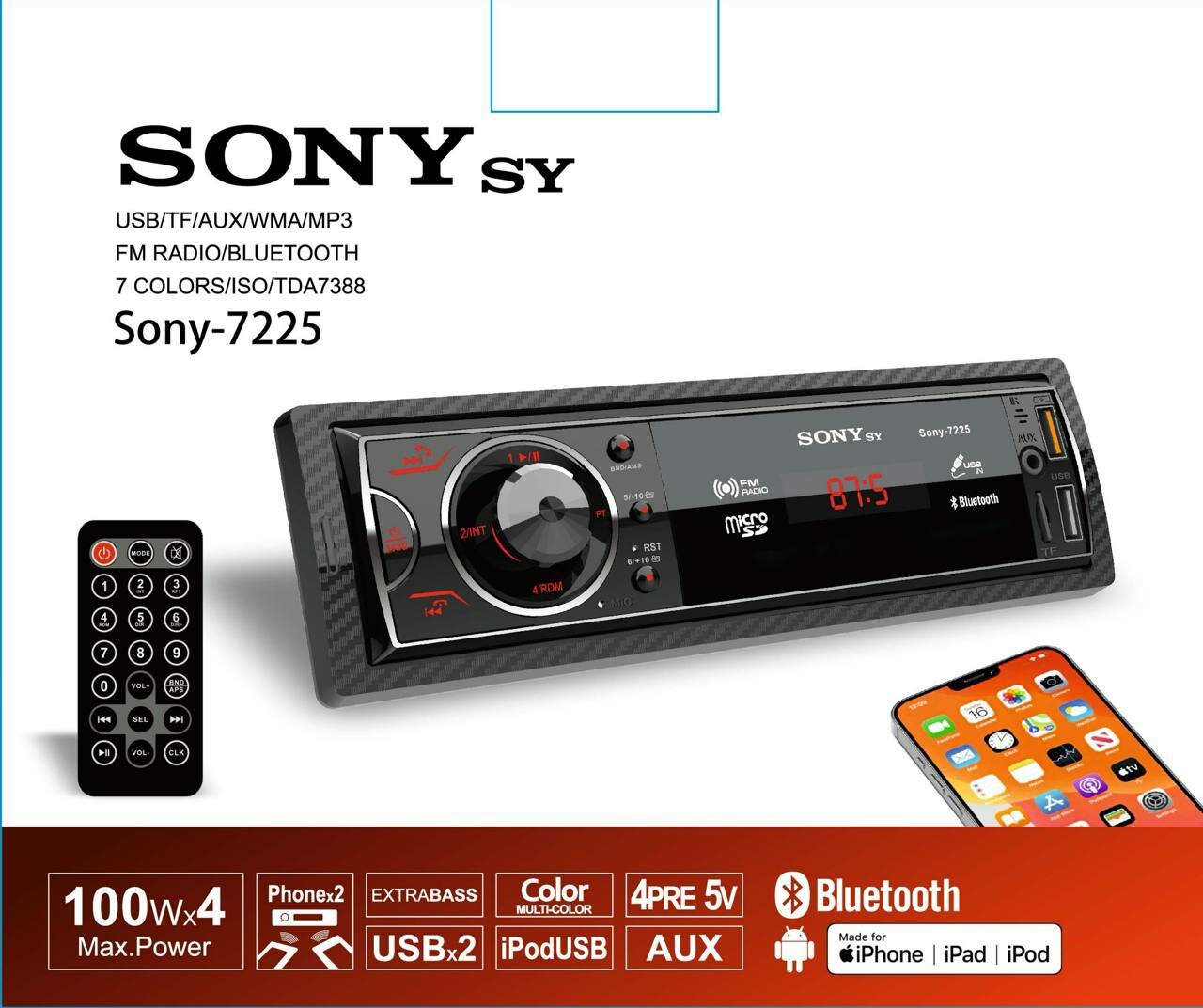 Автомагнитола Sony BT-7225 радио с Bluetooth, FM/AM радио, USB, SD и AUX для авто