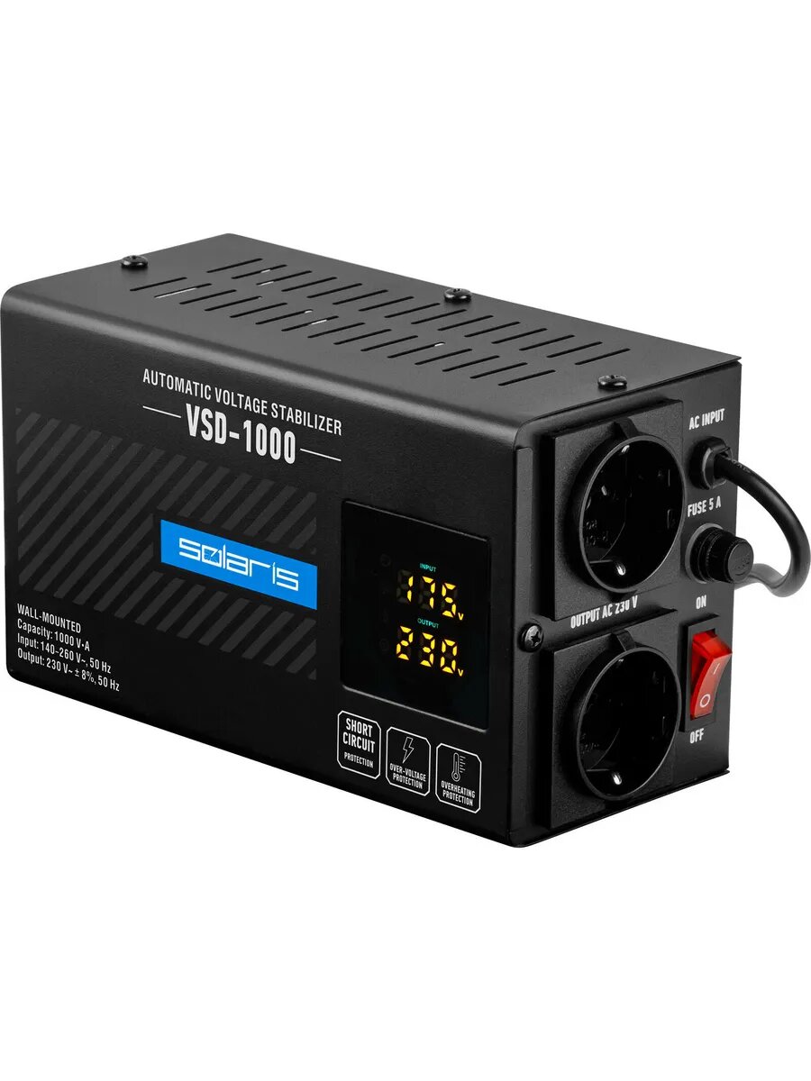 Стабилизатор напряжения Solaris VSD-1000 (1000 В*А; 140-260 В; 2 розетки; настенный монтаж) (SL4510-2)