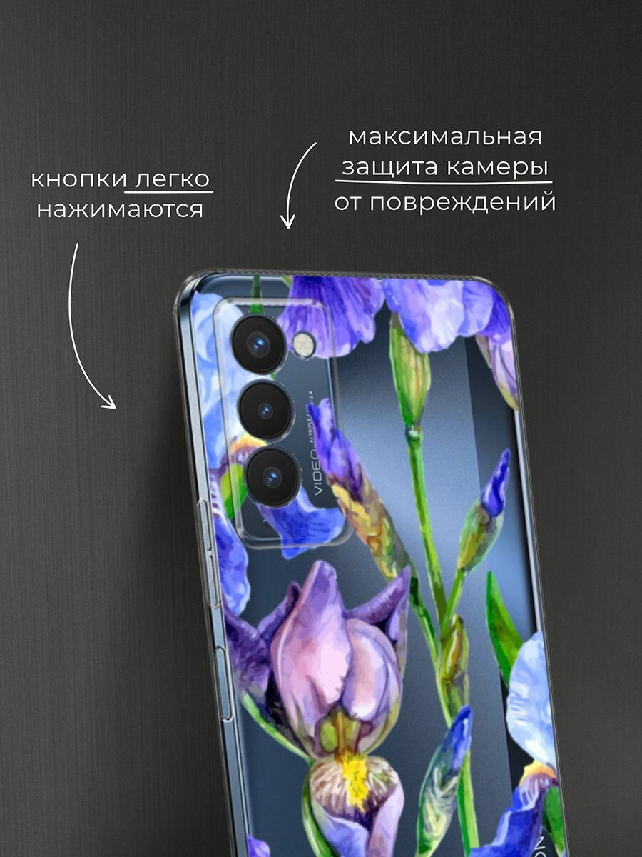 Чехол на Tecno Camon 18P / Техно Камон 18Р с принтом "Синие ирисы", прозрачный — фото 1