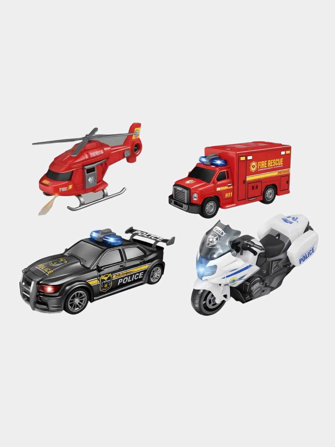 Набор машин, служебный транспорт, полицейская машина, вертолет, пожарная машина, мотоцикл — фото 1