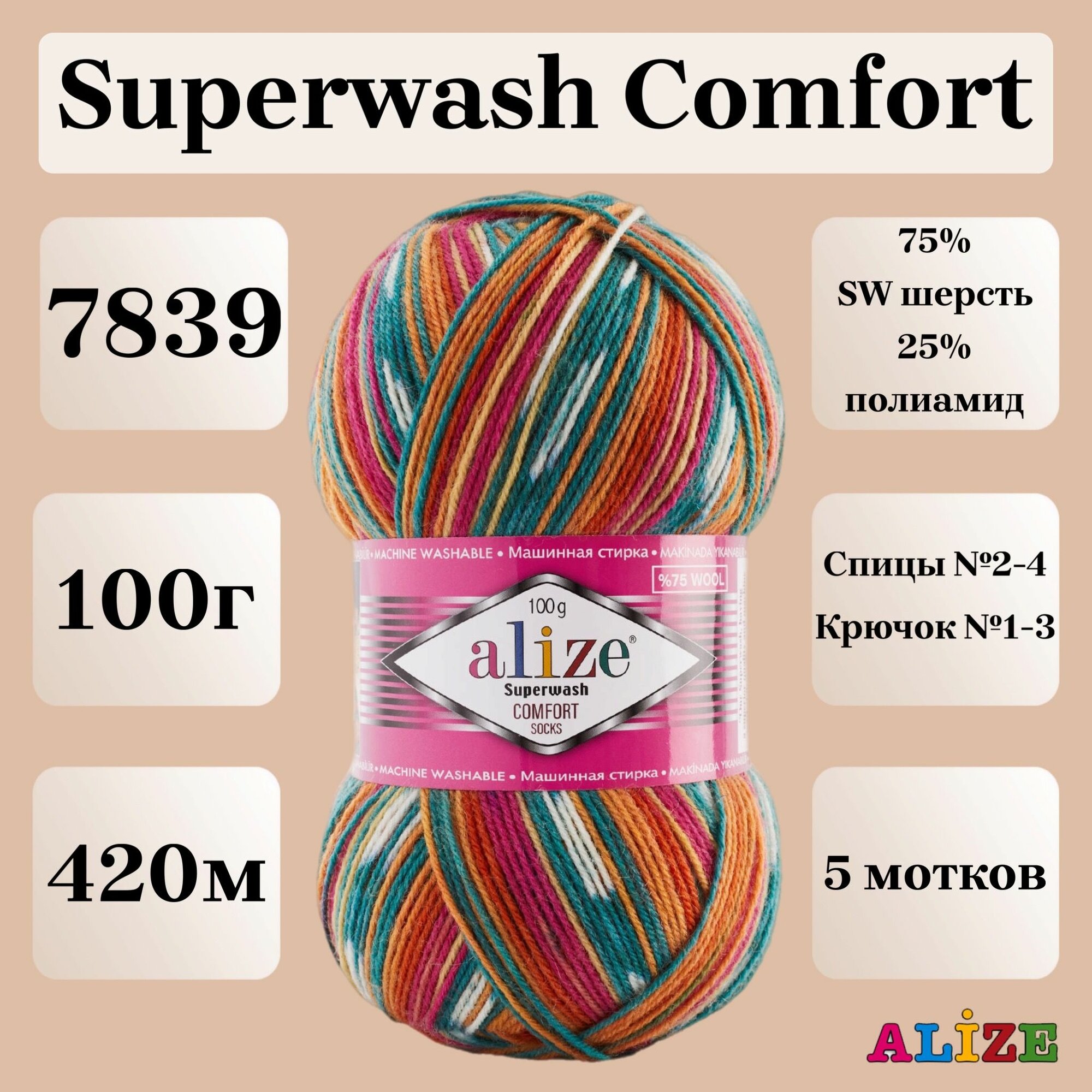 Пряжа для вязания Alize Superwash Comfort Socks, цвет 7839, 100г, 420м, 5шт/упак