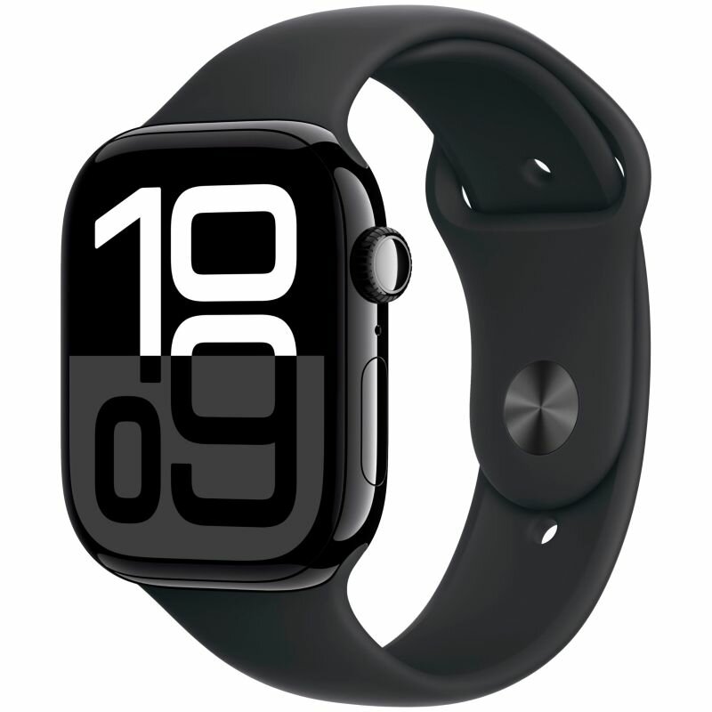 Apple Watch Series 10 46 мм алюминиевый корпус чёрный глянец спортивный ремешок черного цвета M/L