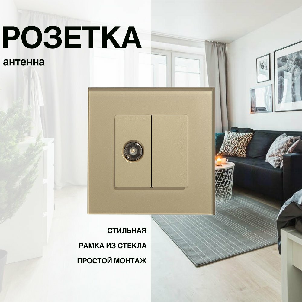 Розетка, на 1 пост, со стеклянной рамкой (Телевизор) золотая