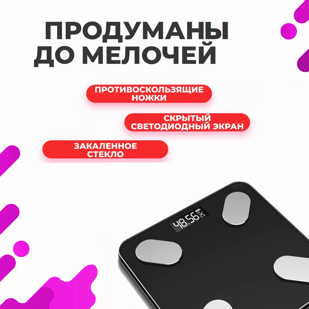 Изображение Умные напольные весы, для Android и IOS, с расчетом показателей качества тела, черные
