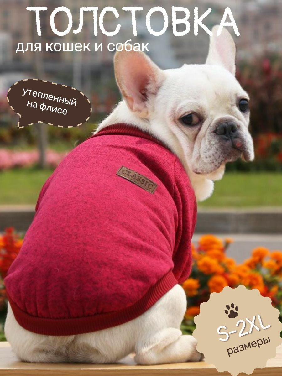 Толстовка для собак мелких пород и кошек CLASSIC худи на флисе бордовый (XXL)