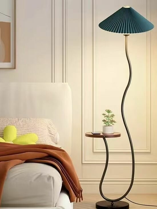 Торшер Oliver Light, E27, Винтажный кремовый стиль, теплый белый свет, со столиком，Зеленый абажур