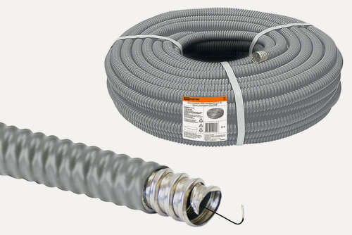 Изображение товара Гофра для кабеля 18мм Металлорукав в ПВХ-изоляции серая с протяжкой 25 метров TDM Electric