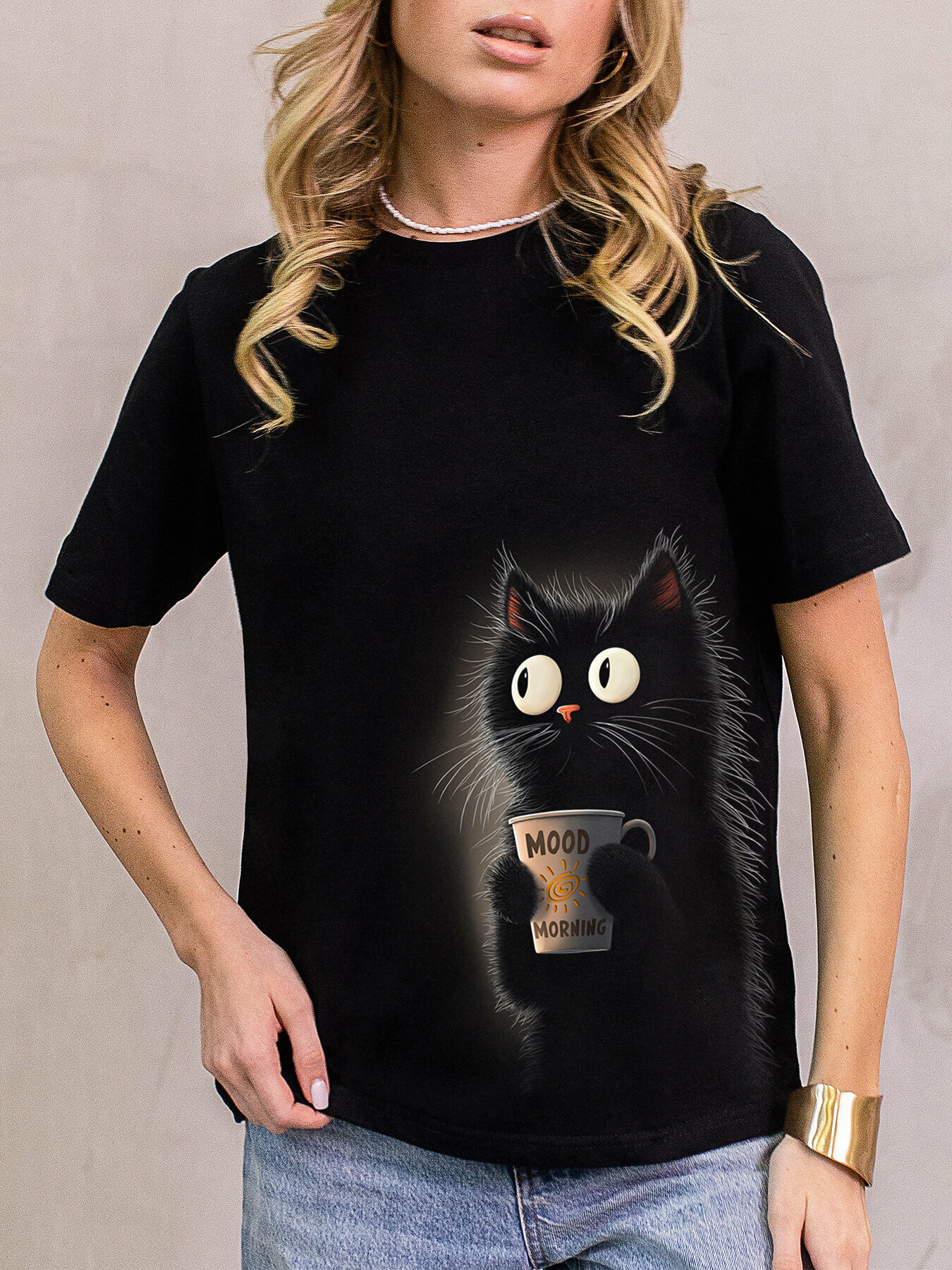 Футболка АРТ-ИМПЕРИЯ светящаяся с принтом Кот, размер L, черный — фото 1