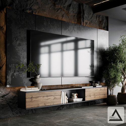 Изображение товара Тумба под телевизор подвесная 210 см для гостиной/спальни черный/дуб вотан