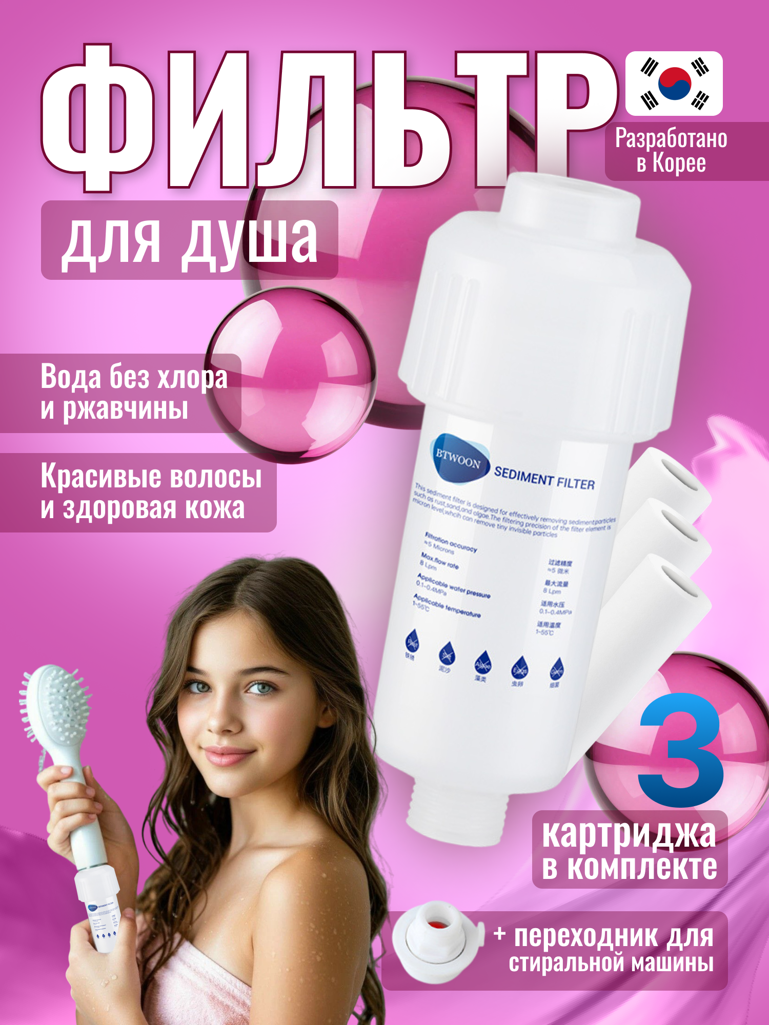 Фильтр ZIA HOME, для душа и стиральных машин, умягчающий, белый, 3 ступени очистки