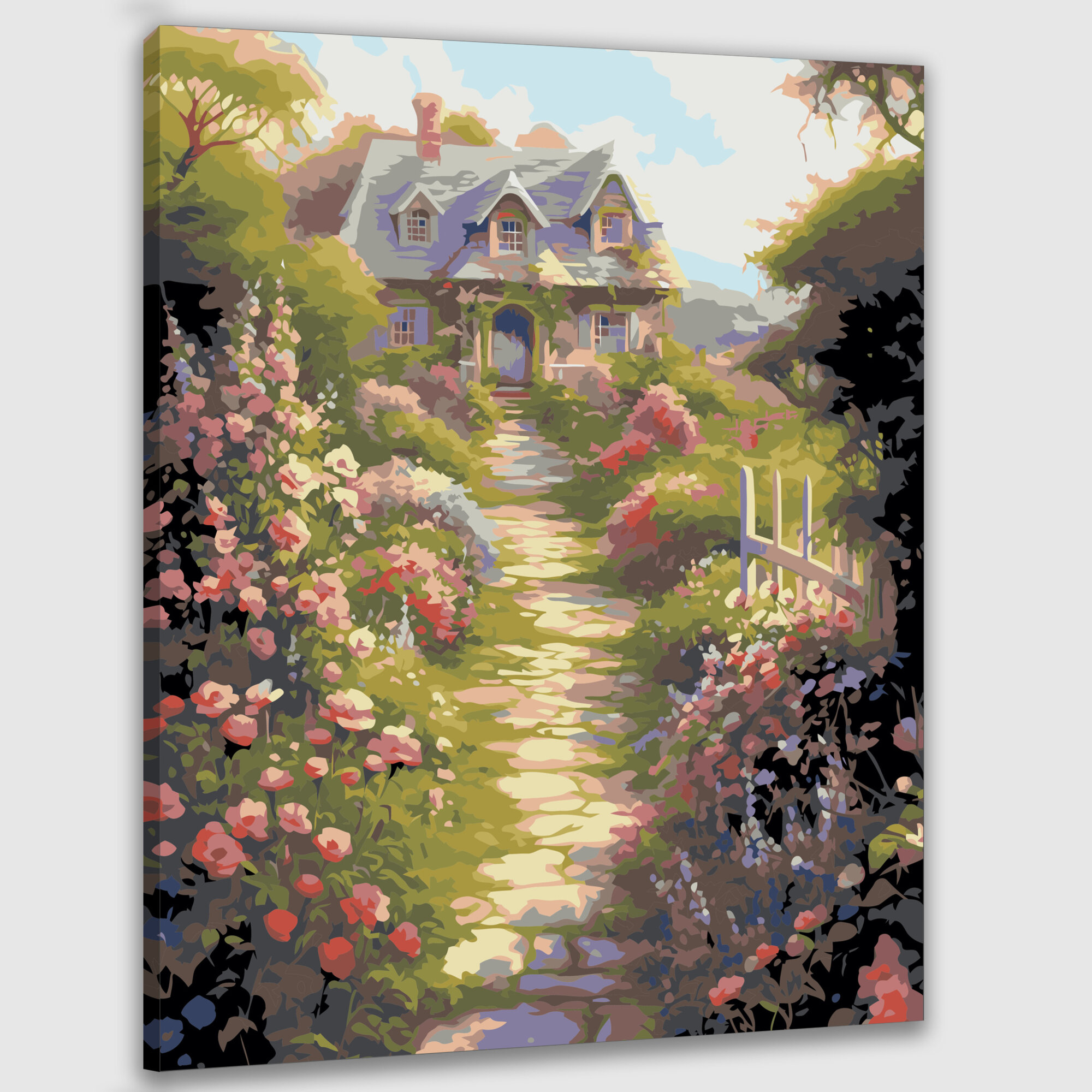 Картина по номерам 40x50 см, картина маслом, скрытый сад, цветущие розы, плющ, шпалеры, тропинка, коттедж, очарование
