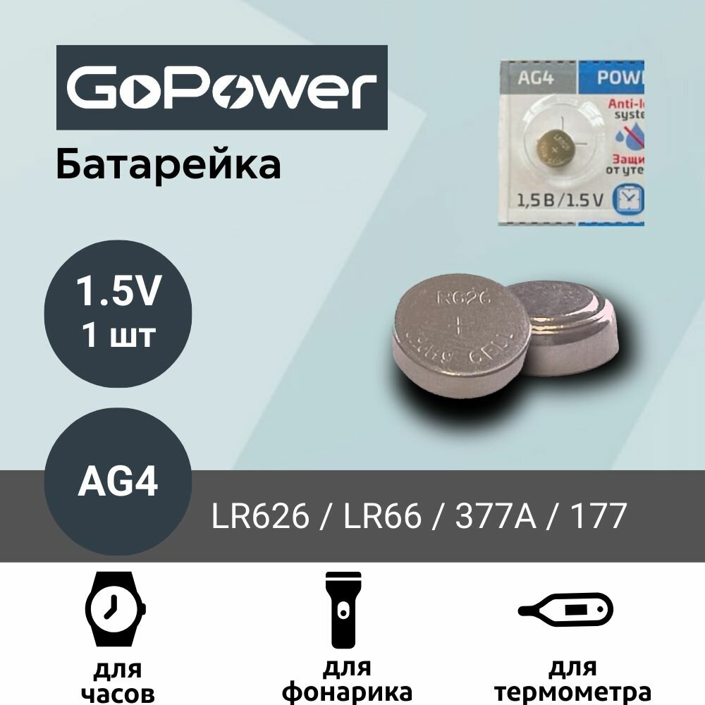 Батарейка GoPower AG4 (LR626, LR66, 377A, 177) Alkaline 1.55V (1 шт)