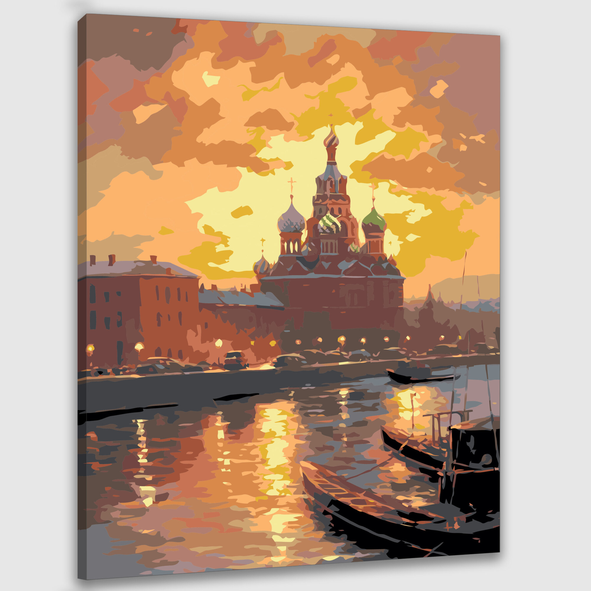 Картина по номерам 40x50 см, картина маслом, Санкт-Петербург на закате, золотые купола храма Спас, оранжевый свет, Нева