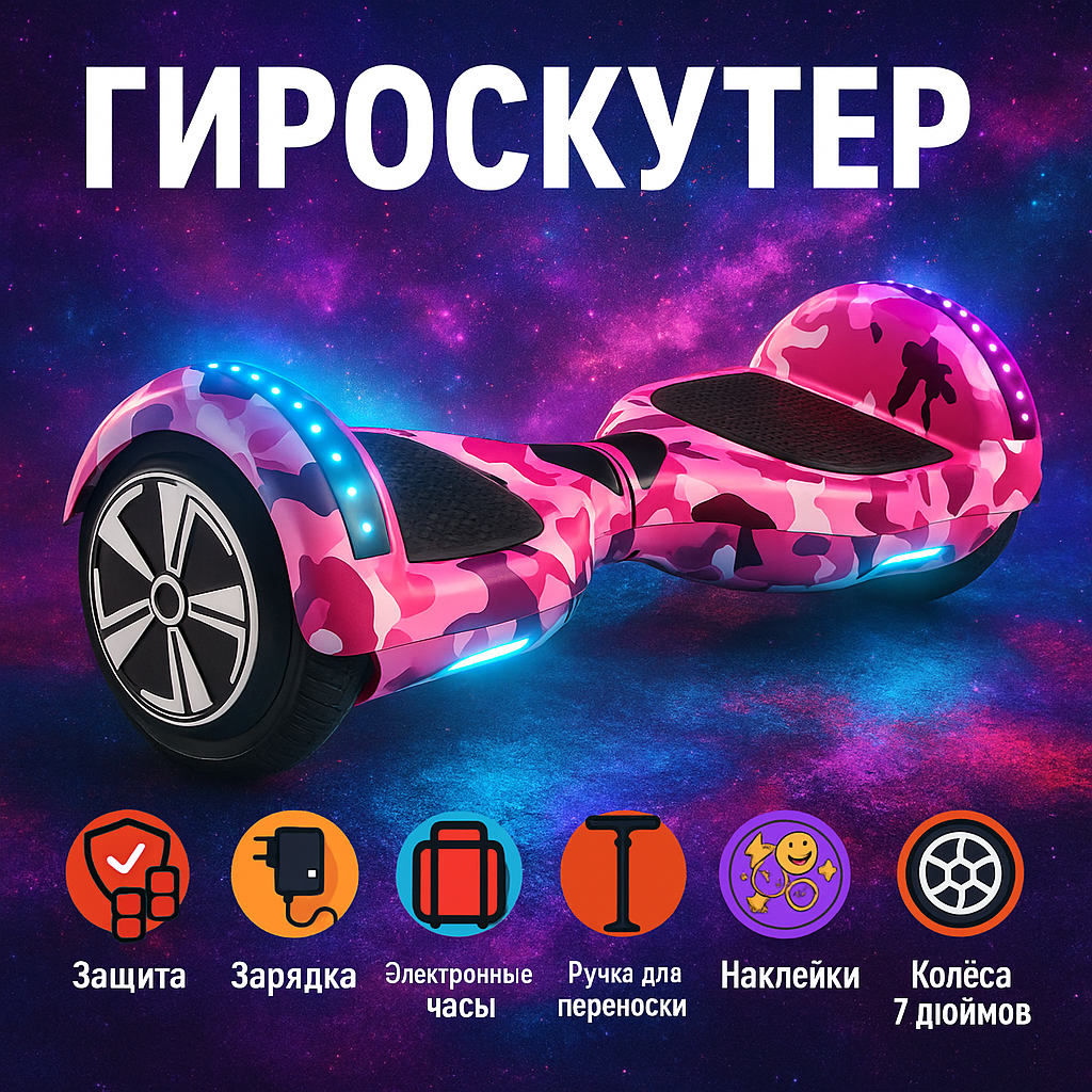 Гироскутер, для детей и взрослых, 7", максимальная скорость 20км/ч, розовый камофляж