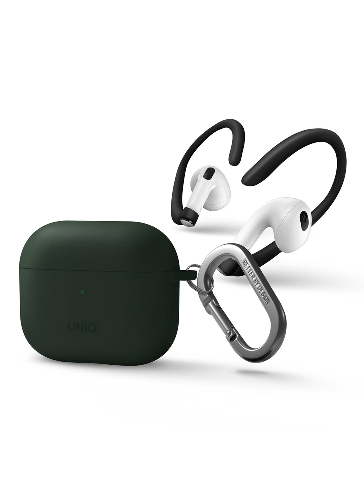 Uniq NEXO силиконовый чехол для AirPods 3, с карабином и креплением на ухо, тёмно-зеленый