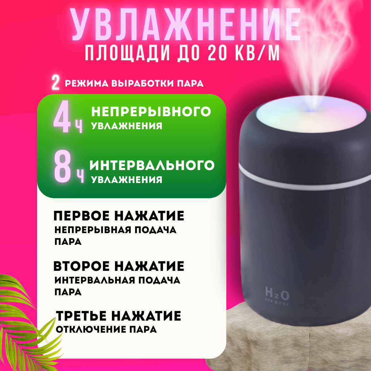 Ультразвуковой увлажнитель воздуха подсветкой, 300 мл. ночник, ароматический для офиса, черный 300 мл — фото 1