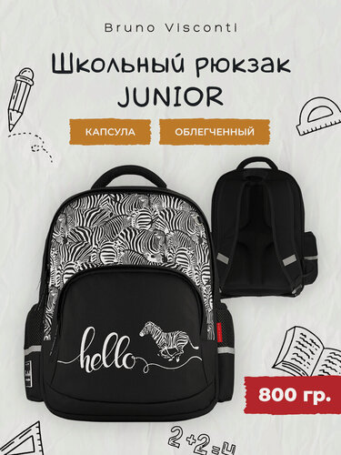 Изображение товара Рюкзак школьный для девочек Bruno Visconti "HELLO, зебра", черный, с эргономичной спинкой / ранец школьный для девочек арт.12-002-125/01