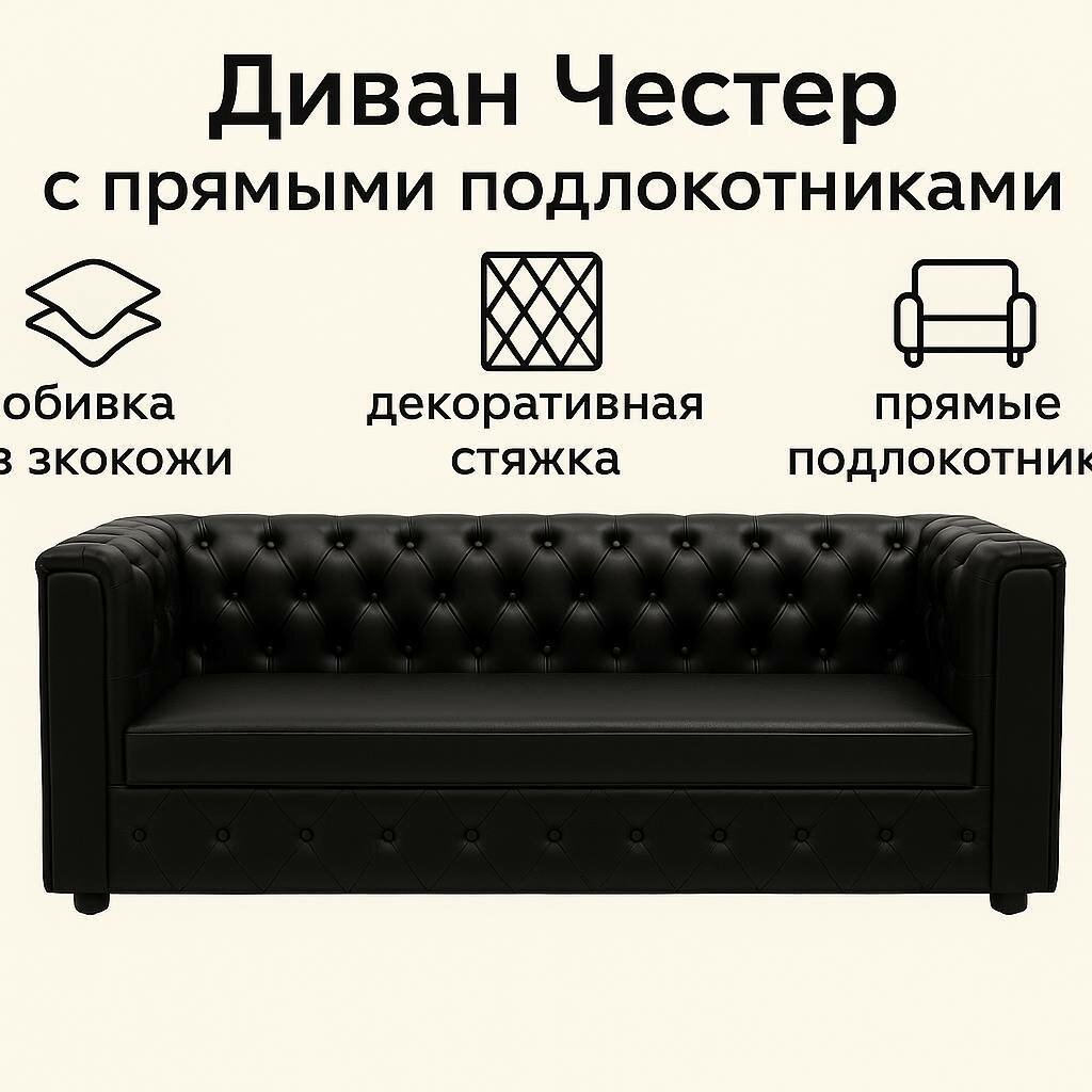 Диван "Честер", экокожа, двухместный, с подлокотниками, черный