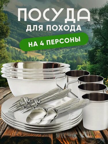 Изображение товара Набор туристической посуды, посуда туристическая для похода, кемпинга, подарок для туриста, 20 предметов, нерж. сталь