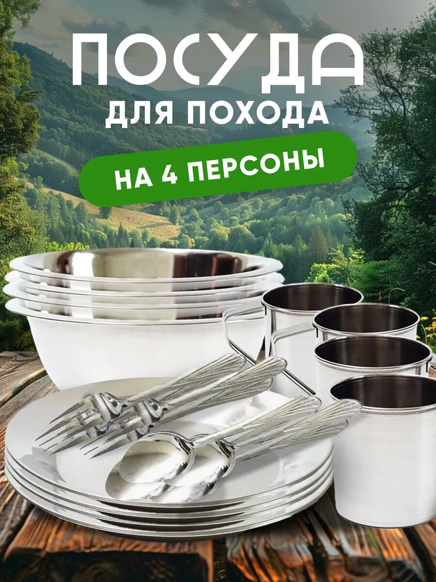 Набор туристической посуды, посуда туристическая для похода, кемпинга, подарок для туриста, 20 предметов, нерж. сталь