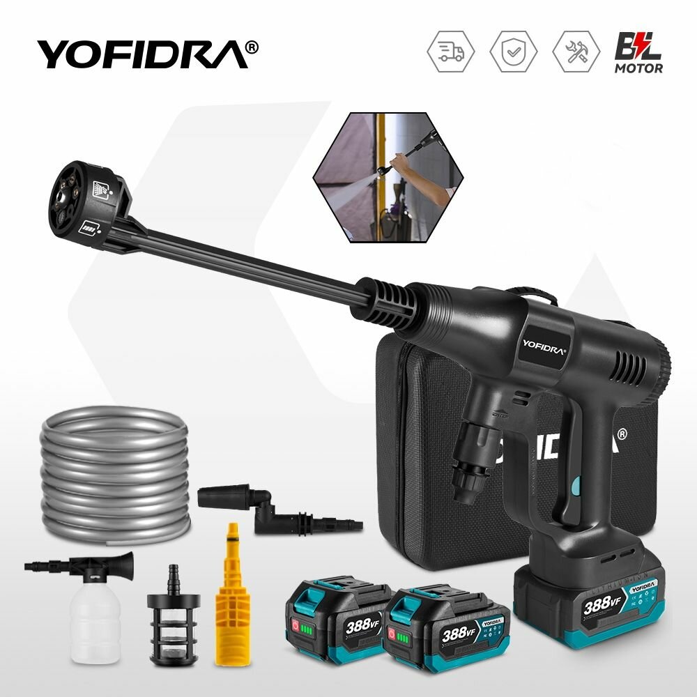 Аккумуляторная мойка высокого давления YOFIDRA для автомобиля в кейсе / Портативная Минимойка с пистолетом и пенообразователем для дачи беспроводная с двумя батареями