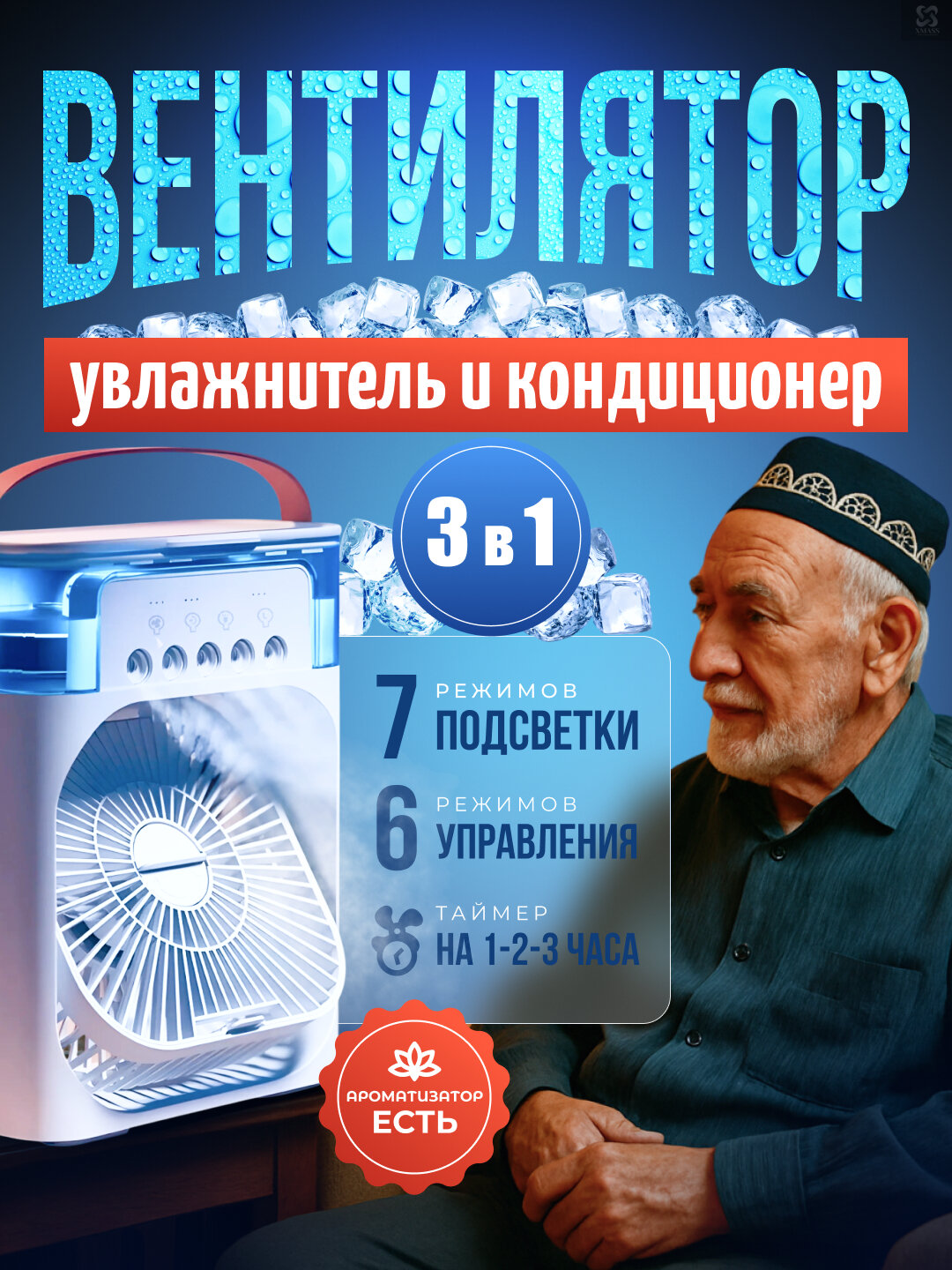 Настольный вентилятор с пятью режимом подсветки , 3 скорости, бесшумный с функцией наклона и с USB