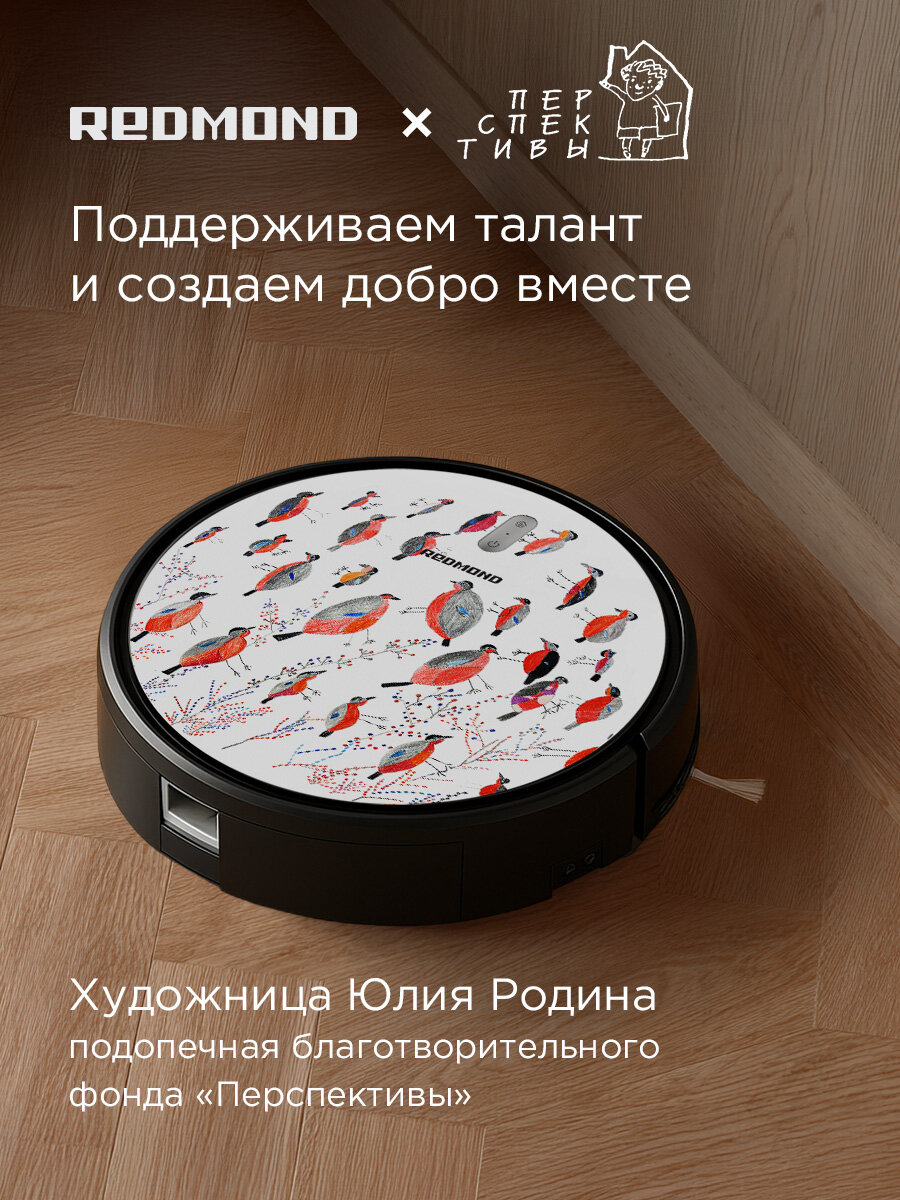 Умный робот-пылесос REDMOND RV-R630S WiFi (снегири), сухая и влажная уборка — фото 1