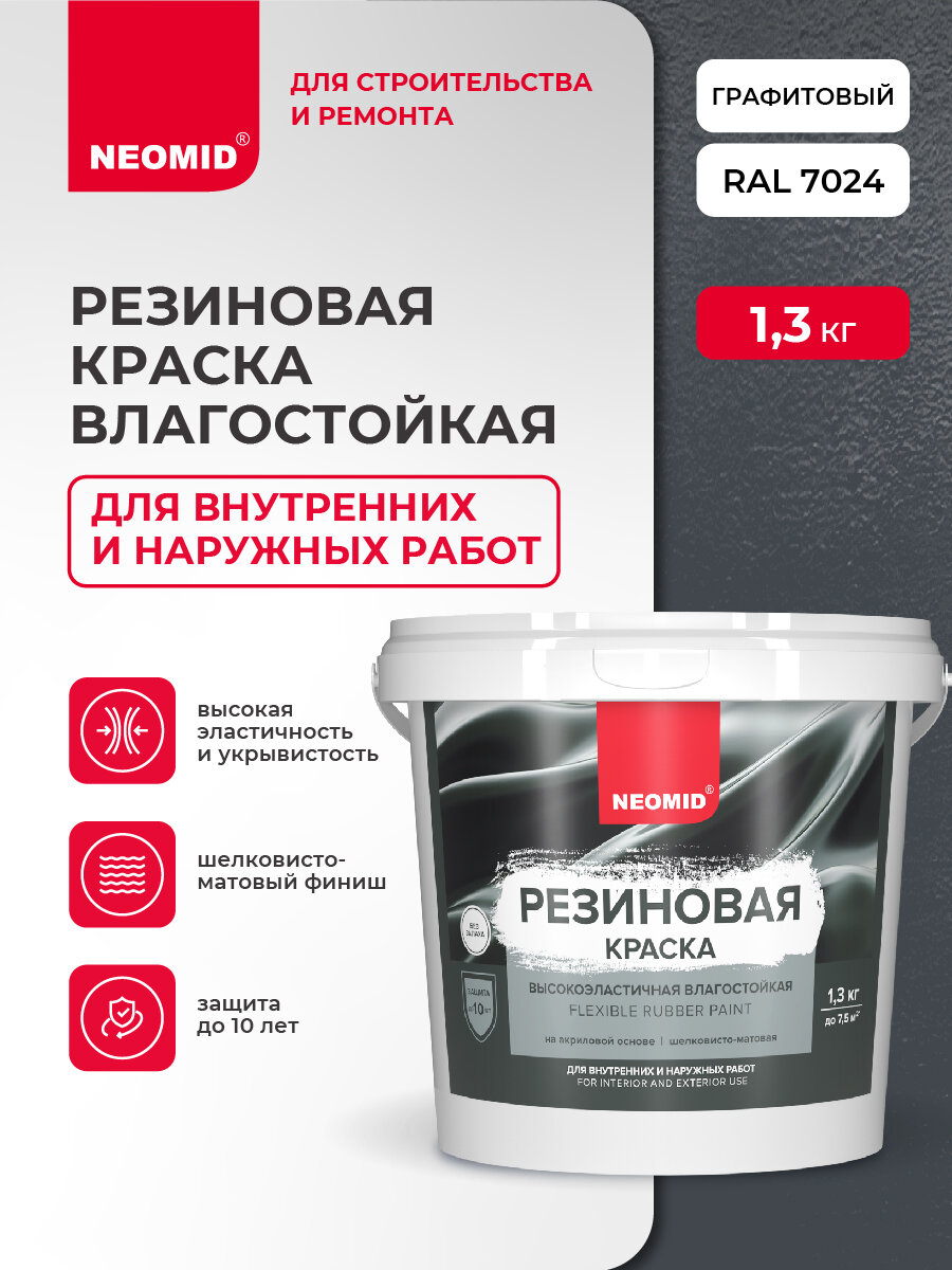 Резиновая краска NEOMID Графит (1,3 кг) / Для фасадов, для стен и потолков в помещениях повышенной влажности