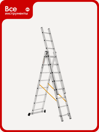 Изображение товара Трехсекционная лестница с восемью ступенями и рабочей высотой шесть метров до 150 кг алюминиевая конструкция