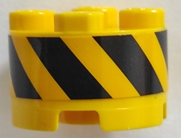 Brick, Round 2 x 2 with Axle Hole with Black and Yellow Danger Stripes Pattern (Sticker) - Set 70629, 3941pb41 Yellow U