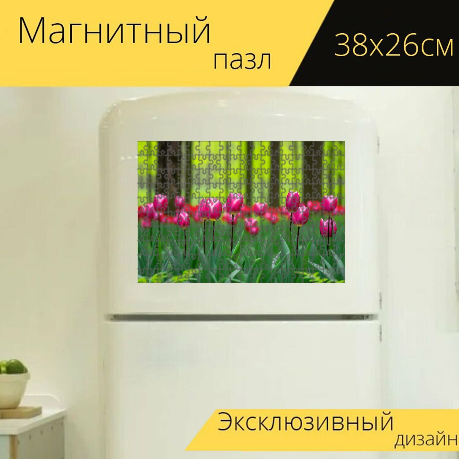 Магнитный пазл "Тюльпаны, на фоне весеннего леса" для интерьера, 38х26 см.