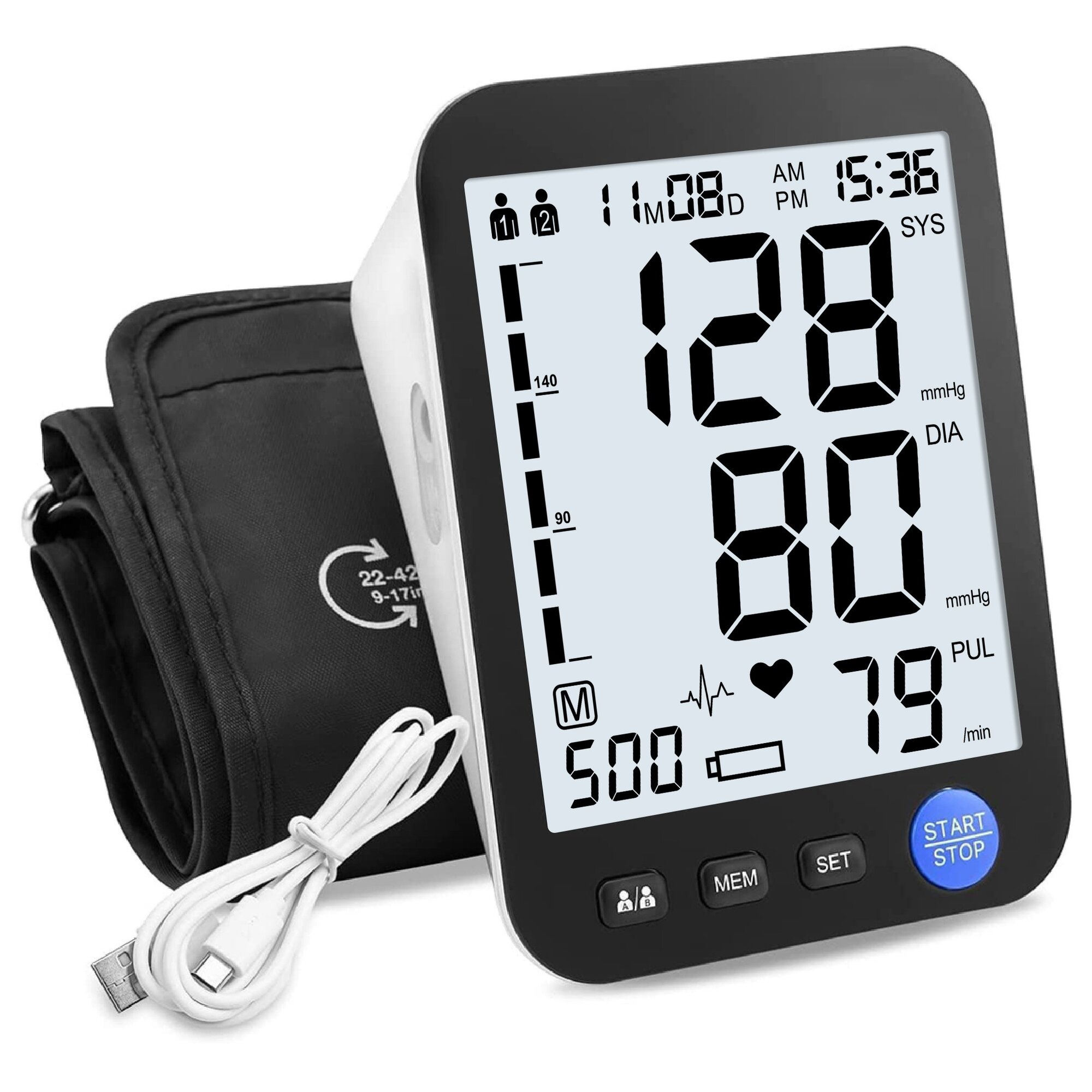 (с батарейками) Точные тонометры для домашнего использования, регулируемый манжет для верхней части руки 22-42", большой кнопка управления и 3,9-дюймовый ЖК-дисплей с подсветкой
