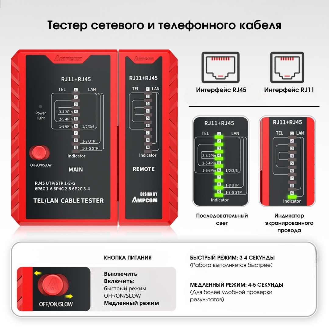 Набор инструментов AMPCOM LAN 10 в 1 для обжимки и тестирования коннекторов RJ45/RJ11 — фото 1