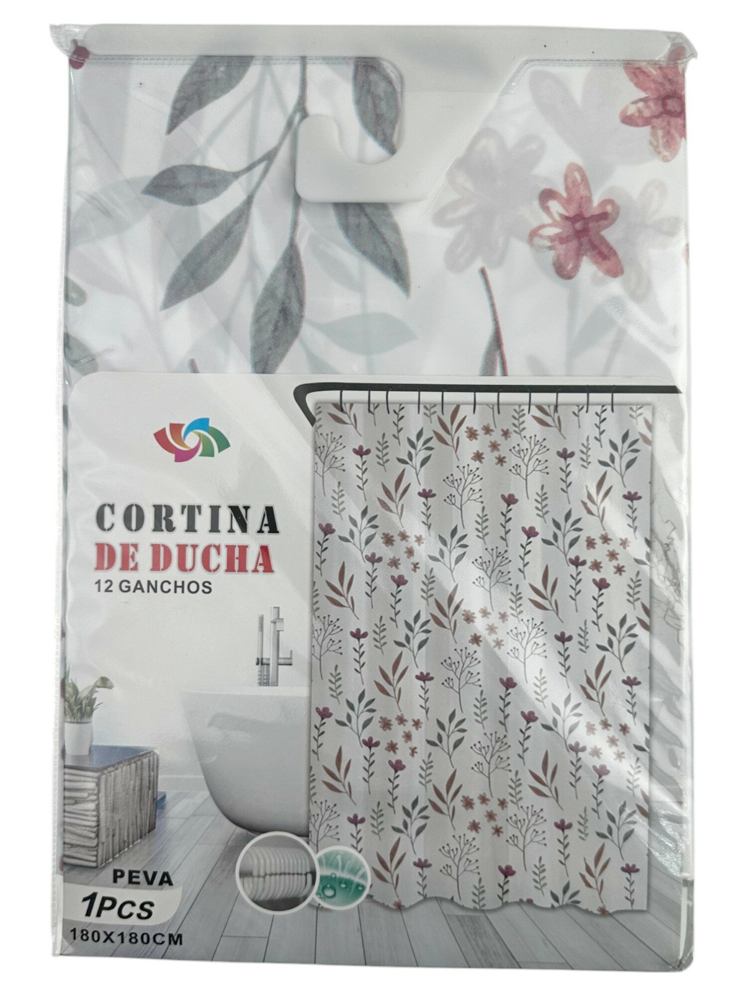 Штора для ванной и душа Листья и цветы, 12 колец, 180x180см, белый и красный