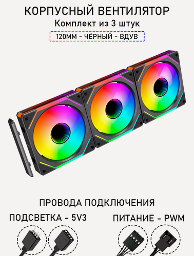 Изображение товара Модульный вентилятор - 5PRO Inline - 120мм, A-RGB, PWM+5v3, Комплект из 3 штук, чёрный, на вдув в корпус