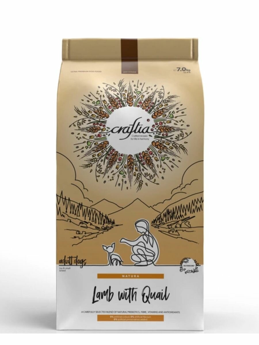 Craftia Natura Сухой корм для взрослых собак мелких пород, ягненок с перепелкой - 7 кг