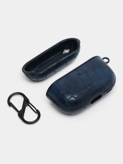 Чехол-держатель для наушников Airpods Pro2 "Синий", из крокодиловой кожи, с крючком — фото 1