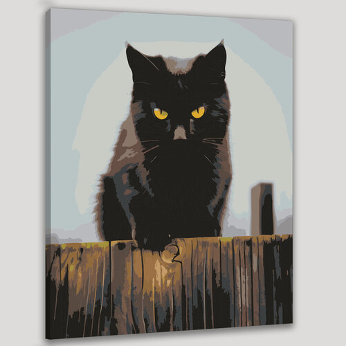 Изображение товара Картина по номерам 40x50 см, черно-белая фотография, черный кот, деревянный забор, туманный пейзаж, желтые глаза